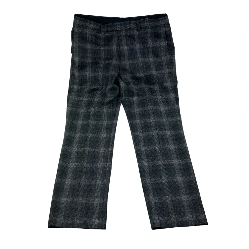 Banana Republic Gray Check Marzotto Wool Flat‎ Front Slim Fit Dress Pants 34X29